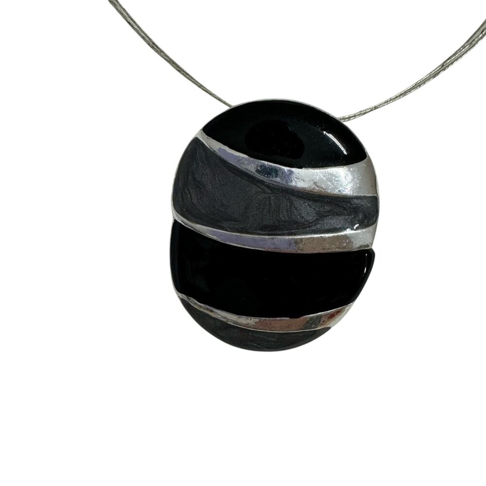 Black Grey Enamel Artsy Pendant Necklace Delicate Silver Wire Chain